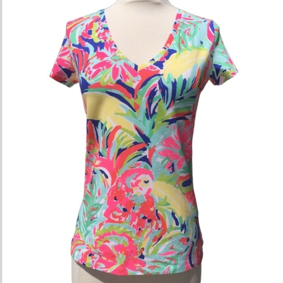 Lilly Pulitzer Michele V Neck Tee Casa Banana Size Extra Small - Picture 1 of 7
